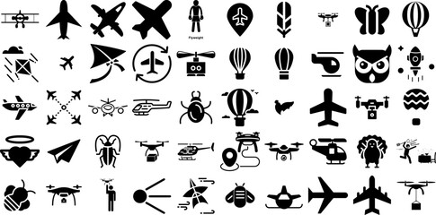 Huge Collection Of Fly Icons Set Hand-Drawn Linear Concept Glyphs Outline, Graphic, String, Fairy Tale Doodles Isolated On White