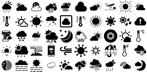 Mega Set Of Forecast Icons Pack Hand-Drawn Black Modern Clip Art Pensioner, Weather Forecast, Icon, Anemometer Graphic Vector Illustration - obrazy, fototapety, plakaty