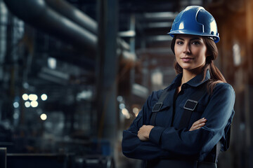 Caucasian engineer Woman worker at industrial manufacturing factory. Generative AI