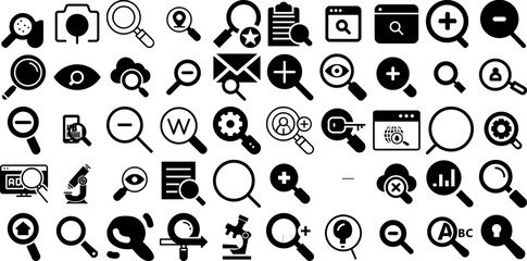Huge Set Of Magnifier Icons Pack Hand-Drawn Black Vector Silhouettes Magnifying Glass, Tablet, Icon, Magnify Silhouettes Isolated On White