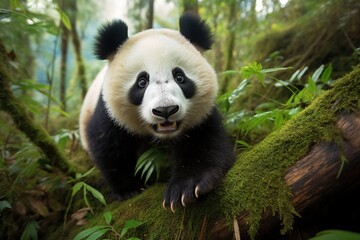cute panda looks at the camera from behind green bushes and trees, generated ai