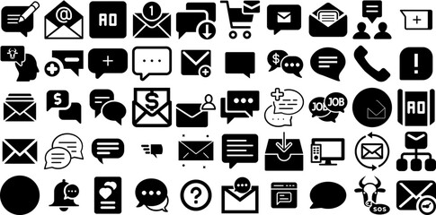 Huge Collection Of Message Icons Set Hand-Drawn Isolated Design Silhouette Icon, Toque, Post, Optimization Pictograms Isolated On White Background - obrazy, fototapety, plakaty