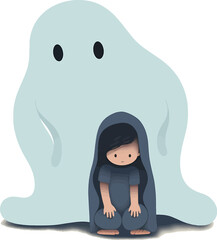  A Sadness Child have a Mental Illness Psychological Phenomena sitting with Lonely Ghost