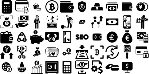 Huge Set Of Money Icons Collection Linear Modern Pictograms Goodie, Silhouette, Coin, Finance Doodles Isolated On Transparent Background