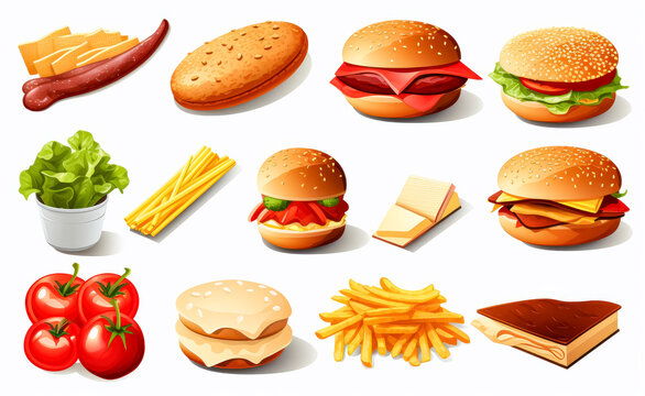 Realistic Food menu icons isolated on black or white background. 
