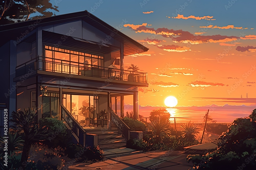 Poster a picture of a home with the setting sun in the backdrop as an example