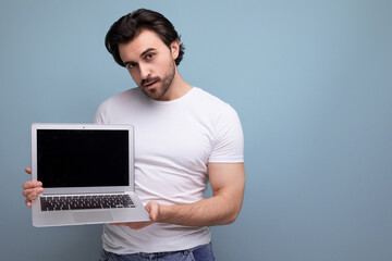 business employee man with laptop mockup in studio