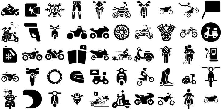 Massive Collection Of Motorcycle Icons Bundle Isolated Infographic Clip Art Vehicle, Icon, Silhouette, Motorcycle Pictogram For Computer And Mobile