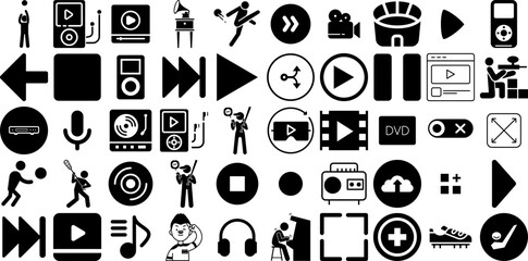 Big Set Of Player Icons Set Hand-Drawn Linear Concept Elements Badge, Icon, Us, Mp3 Symbols Isolated On Transparent Background - obrazy, fototapety, plakaty