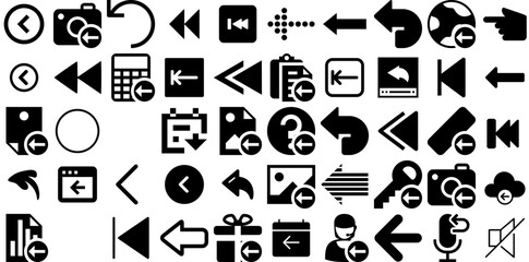 Huge Set Of Previous Icons Collection Hand-Drawn Isolated Infographic Signs Previous, Arrow, Back, Backward Silhouettes For Apps And Websites