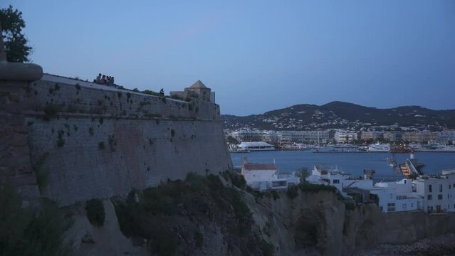 City walls, Dalt Vila district and harbour at dusk, UNESCO World Heritage Site, Ibiza Town, Ibiza, Balearic Islands, Spain