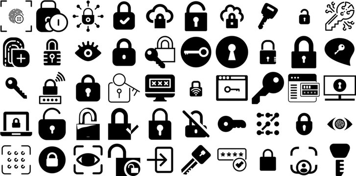 Mega Set Of Password Icons Set Isolated Cartoon Symbol Restore, Shield, Login, Icon Pictograms Isolated On Transparent Background