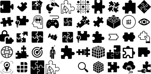 Massive Set Of Puzzle Icons Bundle Linear Infographic Pictograms Victory, Team, Icon, Brain Elements Isolated On White Background - obrazy, fototapety, plakaty