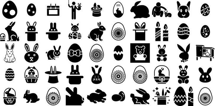 Mega Collection Of Rabbit Icons Set Hand-Drawn Isolated Cartoon Elements Sunglasses, Cosmetic, Icon, Sweet Logotype Vector Illustration