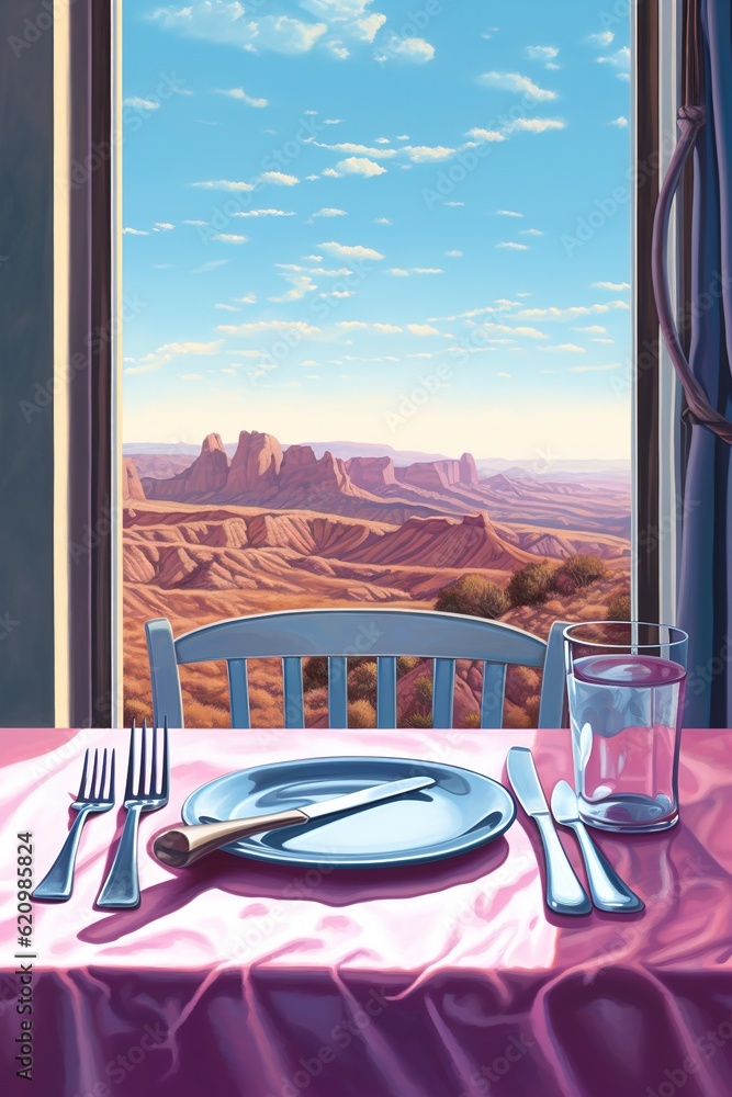 Poster a picture of a desert scene superimposed over an image of a table setting