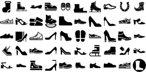 Huge Collection Of Shoe Icons Pack Hand-Drawn Linear Modern Silhouette Physical Exercise, Silhouette, Icon, Shoe Doodles Isolated On White Background