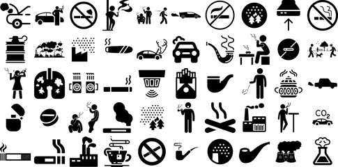 Massive Collection Of Smoke Icons Pack Black Infographic Signs Icon, Contamination, Symbol, Sensor Pictograph For Computer And Mobile - obrazy, fototapety, plakaty