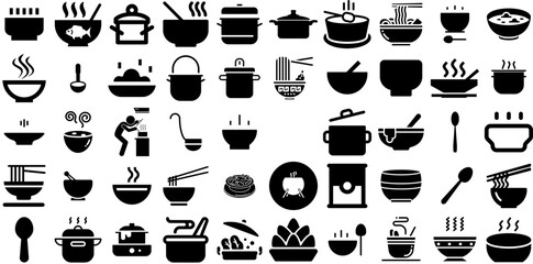 Massive Set Of Soup Icons Set Hand-Drawn Black Infographic Glyphs Symbol, Stew, Bowl, Icon Pictograph Isolated On Transparent Background