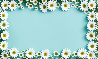 Beautiful daisies on a blue background, copy space. Generative AI.