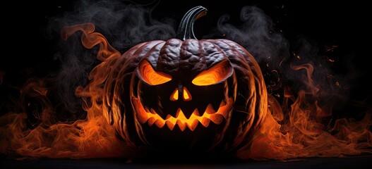 Halloween pumpkin with a glowing face emerges from the eerie fog - a spooky decoration