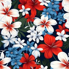 Seamless Tropical Flowers Pattern in White, Red and 
Blue
