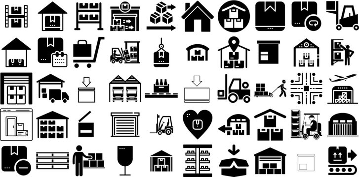 Mega Collection Of Warehouse Icons Pack Linear Cartoon Symbol Warehouse, Store, Industry, Icon Glyphs Vector Illustration