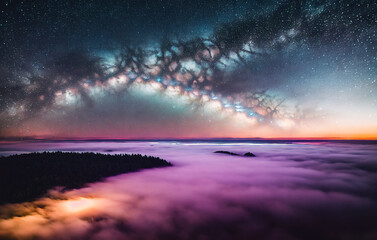 Fototapeta na wymiar Aerial view Milky Way over the mountains in the fog at night. Generative AI.