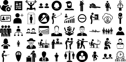 Massive Collection Of Person Icons Set Hand-Drawn Linear Design Silhouettes Health, Silhouette, Profile, Sweet Pictograms Isolated On Transparent Background - obrazy, fototapety, plakaty