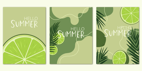 Summer banners set with leaves and lime slices. The  Set is great for cards, brochures, flyers, and advertising poster templates. Vector illustration.