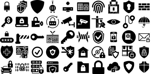 Mega Collection Of Security Icons Pack Solid Modern Silhouette Set, Mark, Person, Tool Elements Isolated On White