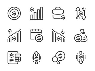 Money, Dollar and Finance vector line icons. Trading market and Financial analytics outline icon set. Stock portfolio, Trading schedule, Market profit, Investment search, Stock sales and more.