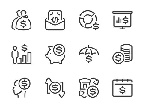 Money, Dollar and Finance vector line icons. Investment and Financial literacy outline icon set. Budget, Analytics report, Savings, Economy, Bank deposit and more.