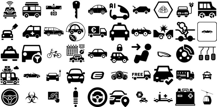 Mega Set Of Car Icons Collection Hand-Drawn Isolated Modern Silhouette Slow, Yacht, Mark, Laundered Pictograph Isolated On White Background