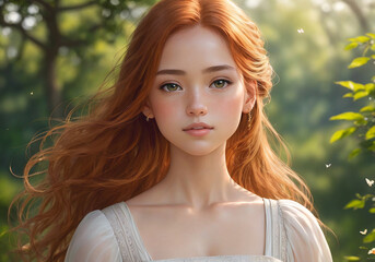 Fototapeta premium A beautiful girl with long red hair poses against the background of a forest on a summer day. Generative AI.