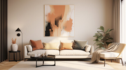 Stylish Living Room Interior with Mockup Frame Poster, Modern interior design, 3D render, 3D illustration