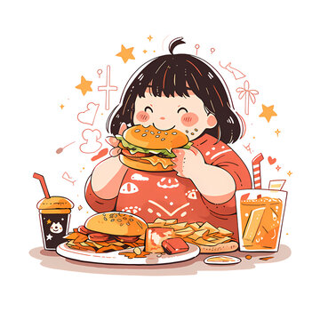 Draw vector illustration clip art design fat girl hungry and eat a junk food on the table, this image can use for pizza, hot dog, doughnut, hamburger, potatoes, fried, french fries and fat, Hand drawn