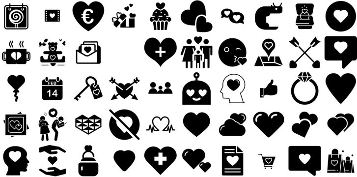 Huge Collection Of Love Icons Set Solid Drawing Elements Health, Find, Three-Dimensional, Set Pictograph Isolated On White Background