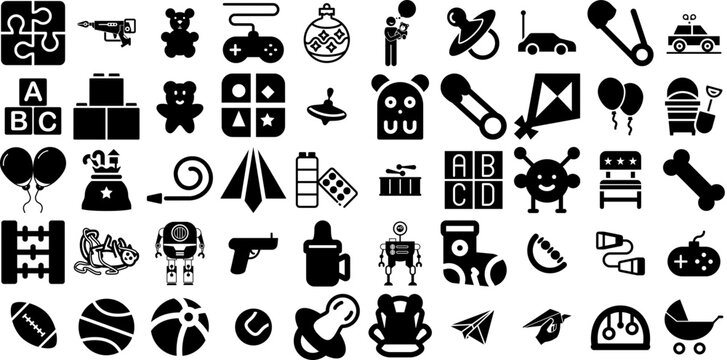 Huge Collection Of Toy Icons Pack Hand-Drawn Solid Concept Symbols Construction, Carrier, Icon, Head Clip Art Isolated On White