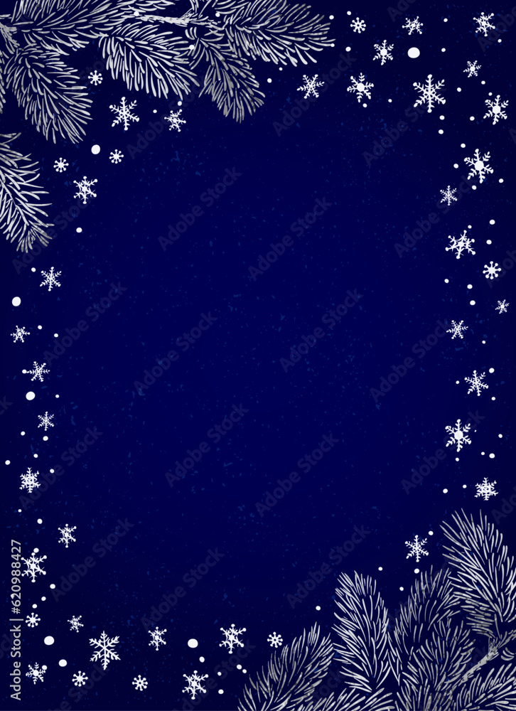 Wall mural vector vertical frame of christmas background with branches of christmas tree and silver elements.