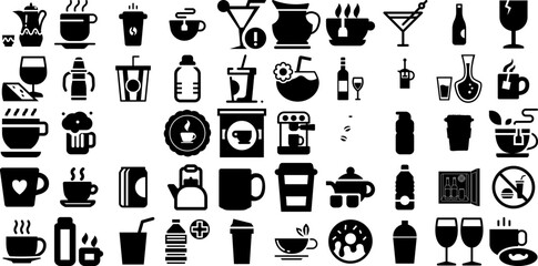 Big Set Of Drink Icons Pack Hand-Drawn Linear Modern Silhouettes Infographic, Milk, Sweet, Set Doodles For Apps And Websites