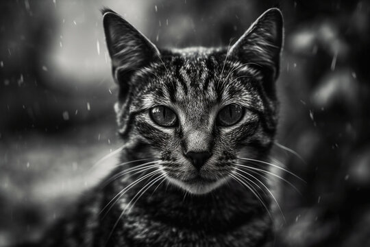 A black and white portrait of a cat's face with bokeh emphasizing the eyes, cat, bokeh Generative AI