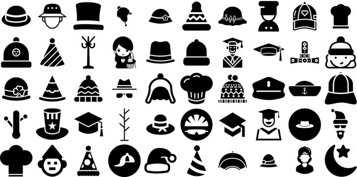 Huge Collection Of Hat Icons Set Flat Vector Glyphs Birthday, Contractor, Toque, Icon Doodles Vector Illustration