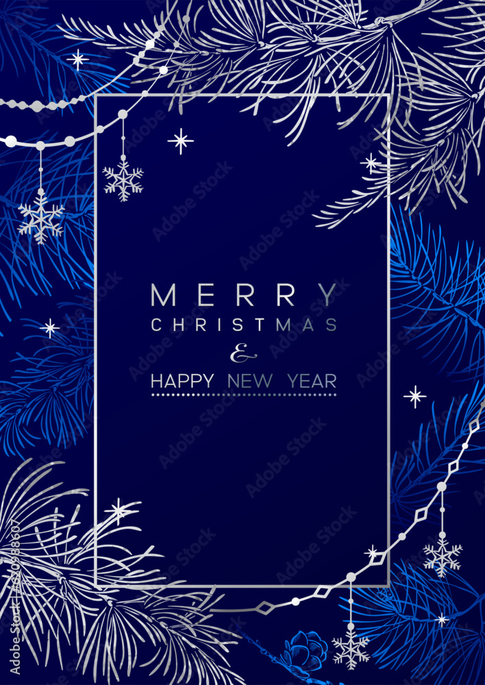 Wall mural vector vertical card of christmas background with branches of christmas tree and silver elements.