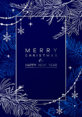 Vector vertical card of Christmas Background with branches of christmas tree and silver elements. - 620988607
