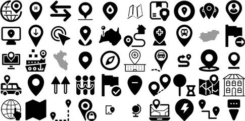 Massive Set Of Location Icons Collection Black Design Web Icon Orientation, Navigator, Pointer, Geolocation Symbol Isolated On White