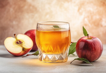 Apple juice in a glass and apples on light rustic background. Still life with apple juice. Generative AI