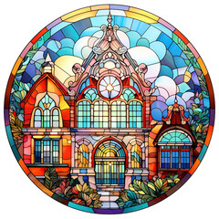 Stained glass Christmas scene, Colorful Christmas Round Stained Glass Clipart PNG Sublimation Files isolated on Transparent Background.