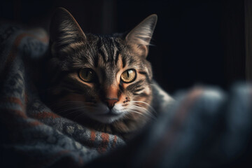 A cat cuddled up in a blanket with bokeh of the blanket's pattern, cat, bokeh Generative AI