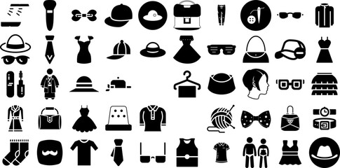 Massive Collection Of Fashion Icons Bundle Black Simple Clip Art Open, Icon, Silhouette, Making Pictograph For Computer And Mobile