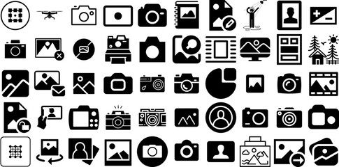 Massive Collection Of Picture Icons Set Solid Infographic Glyphs Photo Camera, Symbol, Icon, Music Illustration Isolated On White Background